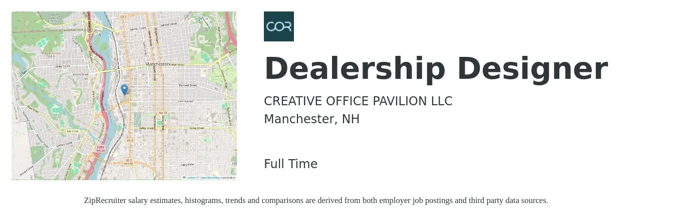 CREATIVE OFFICE PAVILION LLC job posting for a Dealership Designer in Manchester, NH with a salary of $57,800 to $108,500 Yearly with a map of Manchester location.