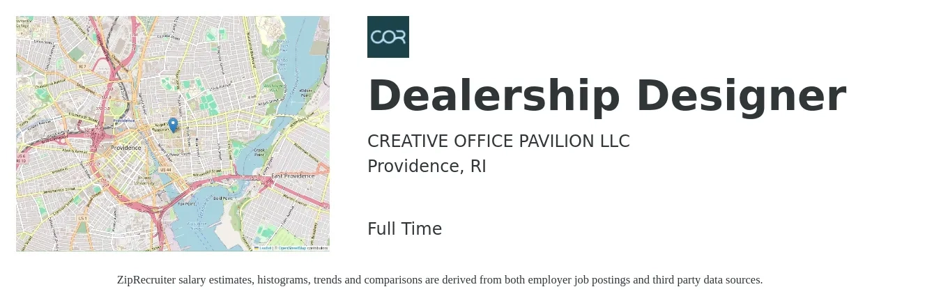 CREATIVE OFFICE PAVILION LLC job posting for a Dealership Designer in Providence, RI with a salary of $58,400 to $109,800 Yearly with a map of Providence location.