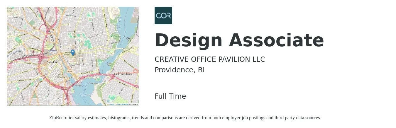 CREATIVE OFFICE PAVILION LLC job posting for a Design Associate in Providence, RI with a salary of $48,900 to $68,500 Yearly with a map of Providence location.