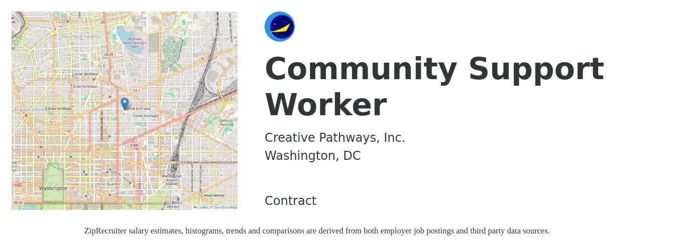 Creative Pathways, Inc. job posting for a Community Support Worker in Washington, DC with a salary of $25 to $35 Hourly with a map of Washington location.