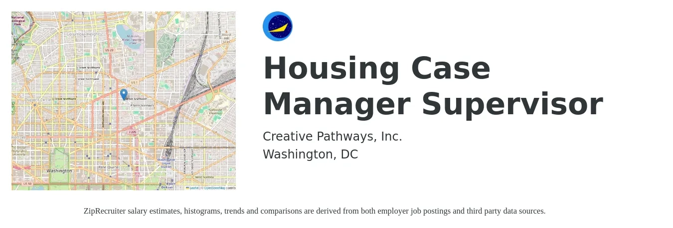 Creative Pathways, Inc. job posting for a Housing Case Manager Supervisor in Washington, DC with a salary of $75,000 to $85,000 Yearly with a map of Washington location.