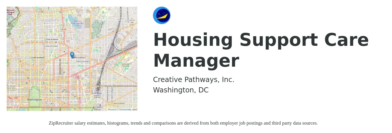 Creative Pathways, Inc. job posting for a Housing Support Care Manager in Washington, DC with a salary of $50,000 to $55,000 Yearly with a map of Washington location.