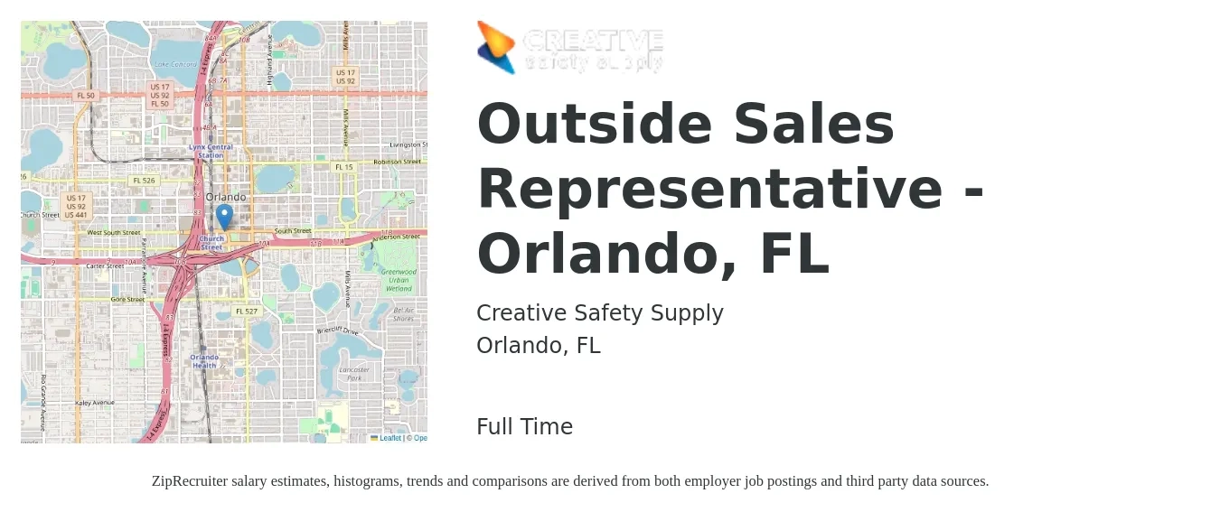 Creative Safety Supply job posting for a Outside Sales Representative - Orlando, FL in Orlando, FL with a salary of $55,000 to $75,000 Yearly with a map of Orlando location.