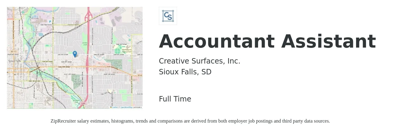 Creative Surfaces, Inc. job posting for a Accountant Assistant in Sioux Falls, SD with a salary of $20 to $25 Hourly with a map of Sioux Falls location.