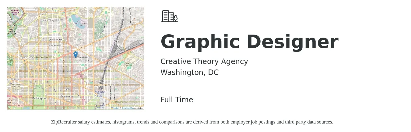 Creative Theory Agency job posting for a Graphic Designer in Washington, DC with a salary of $23 to $36 Hourly with a map of Washington location.