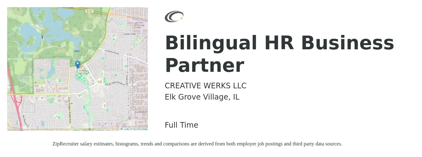 CREATIVE WERKS LLC job posting for a Bilingual HR Business Partner in Elk Grove Village, IL with a salary of $70,900 to $101,000 Yearly with a map of Elk Grove Village location.