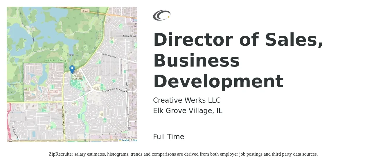 CREATIVE WERKS LLC job posting for a Director of Sales, Business Development in Elk Grove Village, IL with a salary of $86,800 to $146,000 Yearly with a map of Elk Grove Village location.