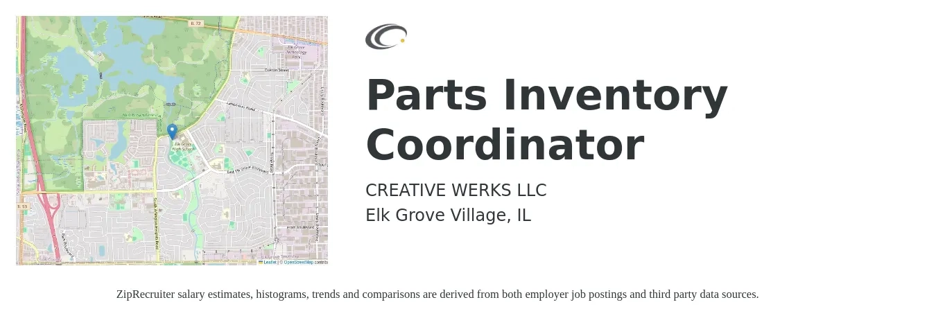 CREATIVE WERKS LLC job posting for a Parts Inventory Coordinator in Elk Grove Village, IL with a salary of $18 to $24 Hourly with a map of Elk Grove Village location.