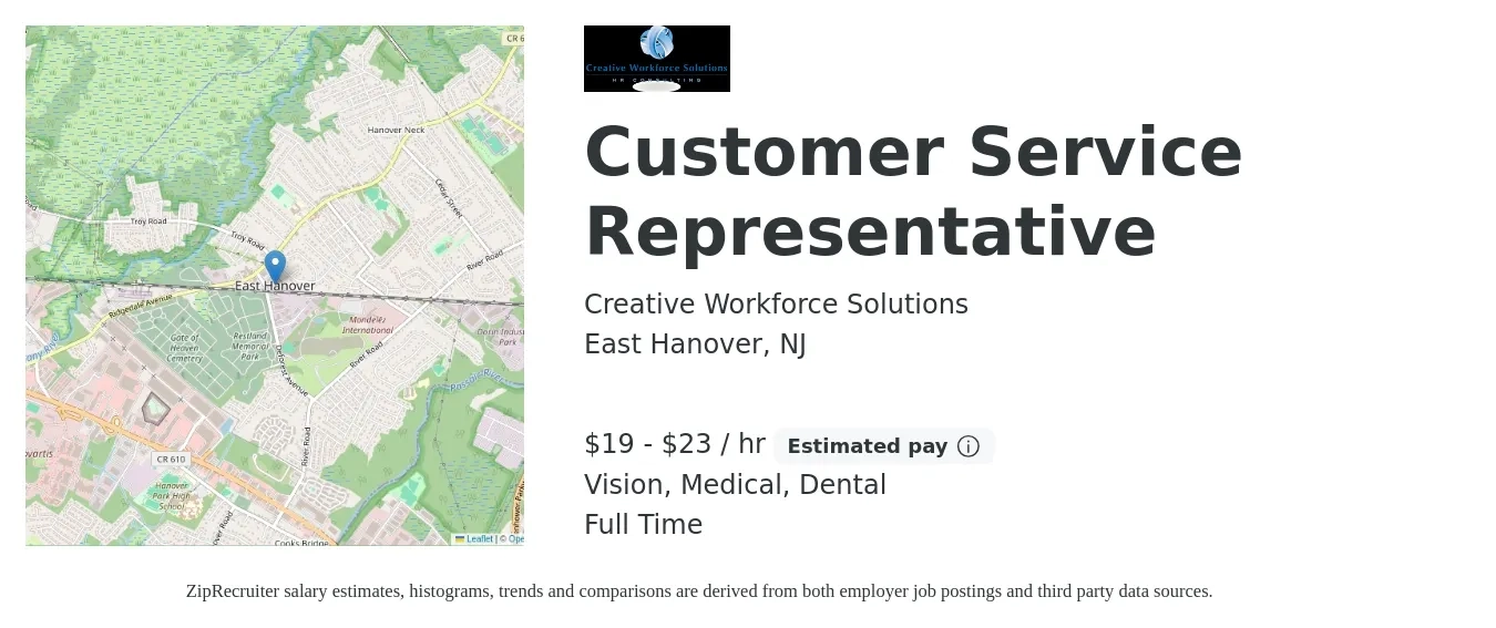 Creative Workforce Solutions job posting for a Customer Service Representative in East Hanover, NJ with a salary of $20 to $24 Hourly and benefits including medical, vision, and dental with a map of East Hanover location.