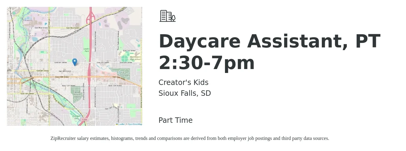 Creator's Kids job posting for a Daycare Assistant, PT 2:30-7pm in Sioux Falls, SD with a salary of $14 to $18 Hourly with a map of Sioux Falls location.