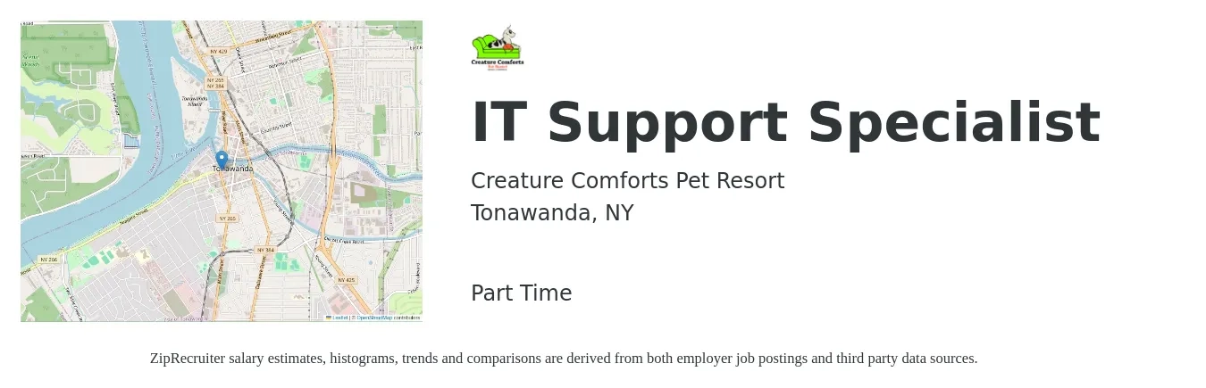 Creature Comforts Pet Resort job posting for a IT Support Specialist in Tonawanda, NY with a salary of $25 to $30 Hourly with a map of Tonawanda location.