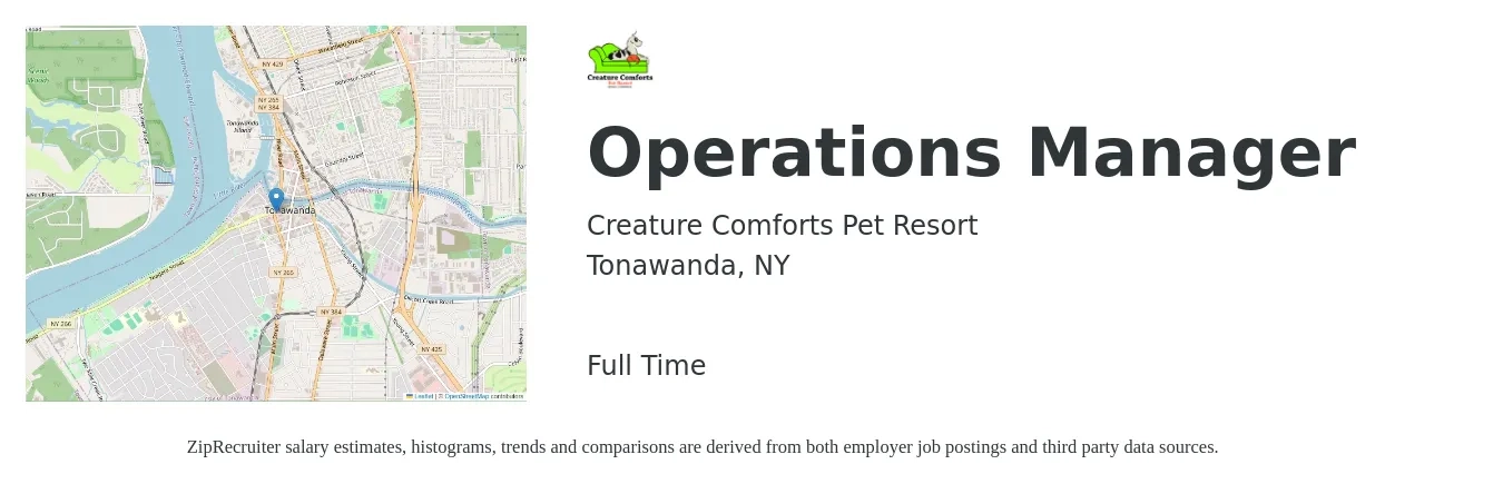 Creature Comforts Pet Resort job posting for a Operations Manager in Tonawanda, NY with a salary of $21 to $25 Hourly with a map of Tonawanda location.