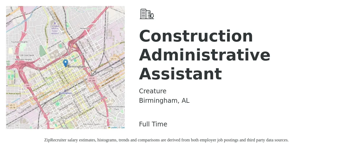 Creature job posting for a Construction Administrative Assistant in Birmingham, AL with a salary of $18 to $23 Hourly with a map of Birmingham location.