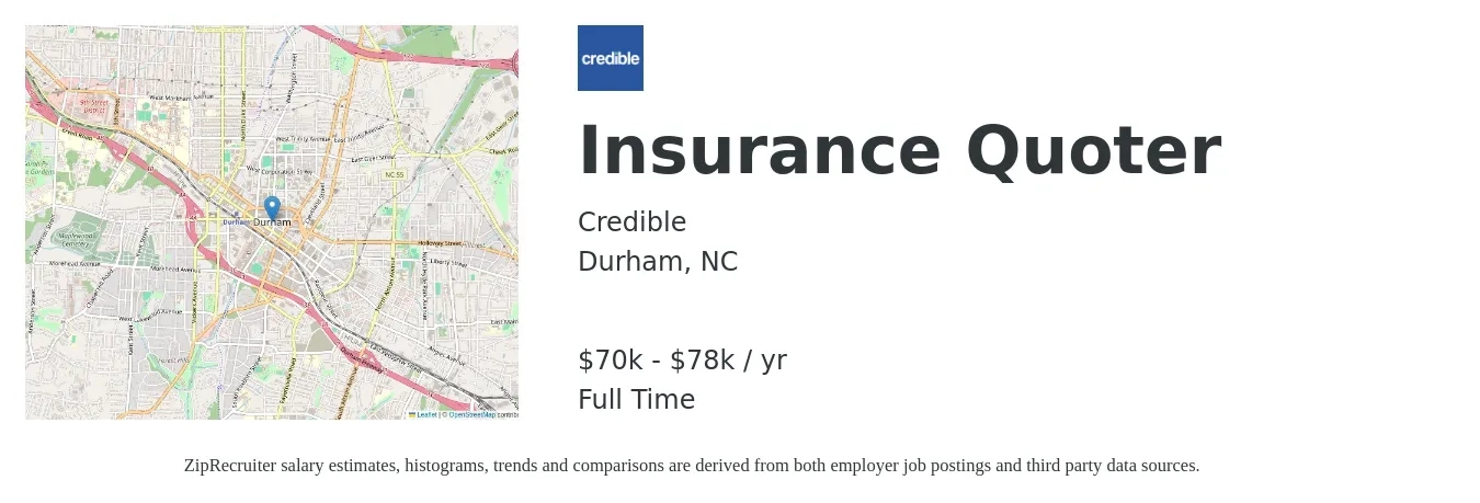 Credible job posting for a Insurance Quoter in Durham, NC with a salary of $70,800 to $78,000 Yearly with a map of Durham location.