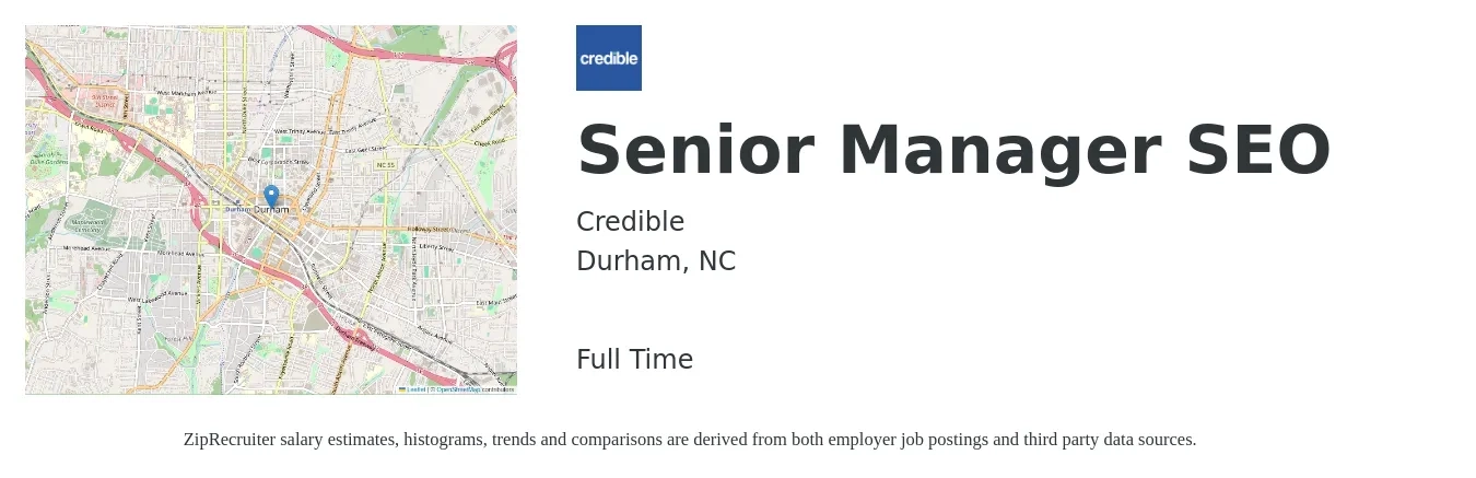 Credible job posting for a Senior Manager SEO in Durham, NC with a salary of $67,600 to $94,200 Yearly with a map of Durham location.