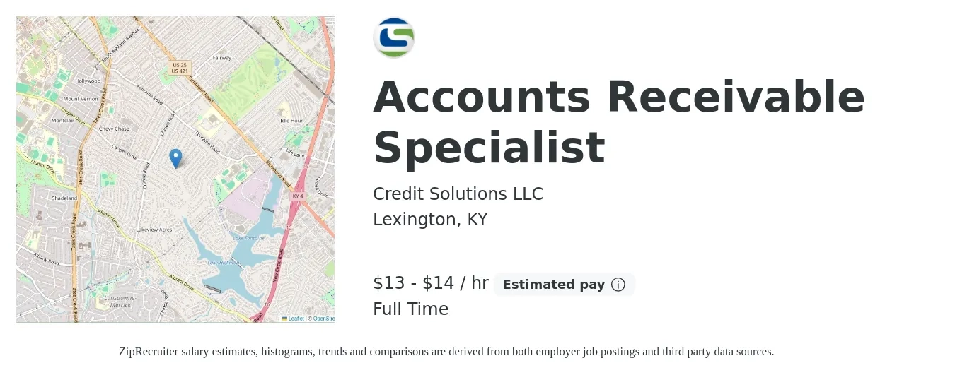 Credit Solutions LLC job posting for a Accounts Receivable Specialist in Lexington, KY with a salary of $14 to $16 Hourly with a map of Lexington location.