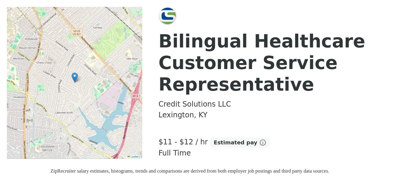 Credit Solutions LLC job posting for a Bilingual Healthcare Customer Service Representative in Lexington, KY with a salary of $12 to $13 Hourly with a map of Lexington location.
