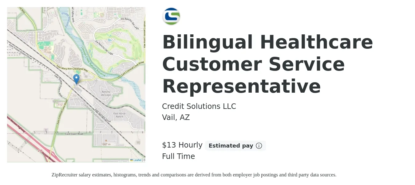 Credit Solutions LLC job posting for a Bilingual Healthcare Customer Service Representative in Vail, AZ with a salary of $14 Hourly with a map of Vail location.
