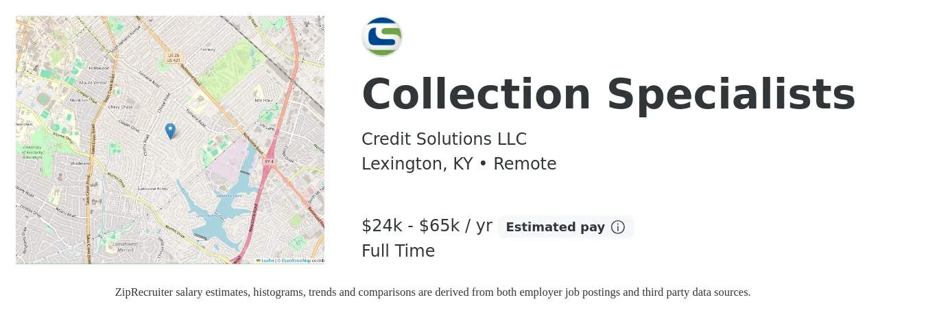 Credit Solutions LLC job posting for a Collection Specialists in Lexington, KY with a salary of $24,960 to $65,000 Yearly with a map of Lexington location.