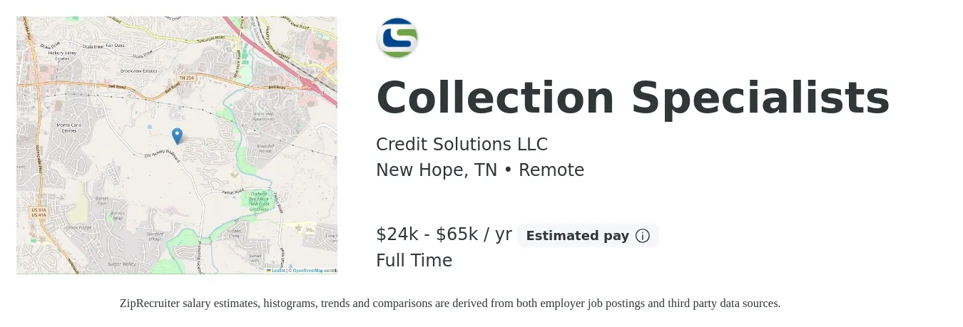 Credit Solutions LLC job posting for a Collection Specialists in New Hope, TN with a salary of $24,960 to $65,000 Yearly with a map of New Hope location.