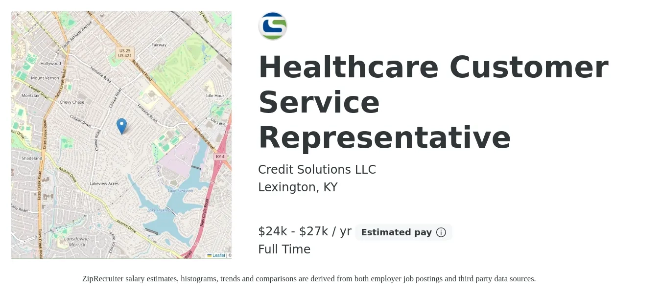 Credit Solutions LLC job posting for a Healthcare Customer Service Representative in Lexington, KY with a salary of $24,960 to $27,040 Yearly with a map of Lexington location.