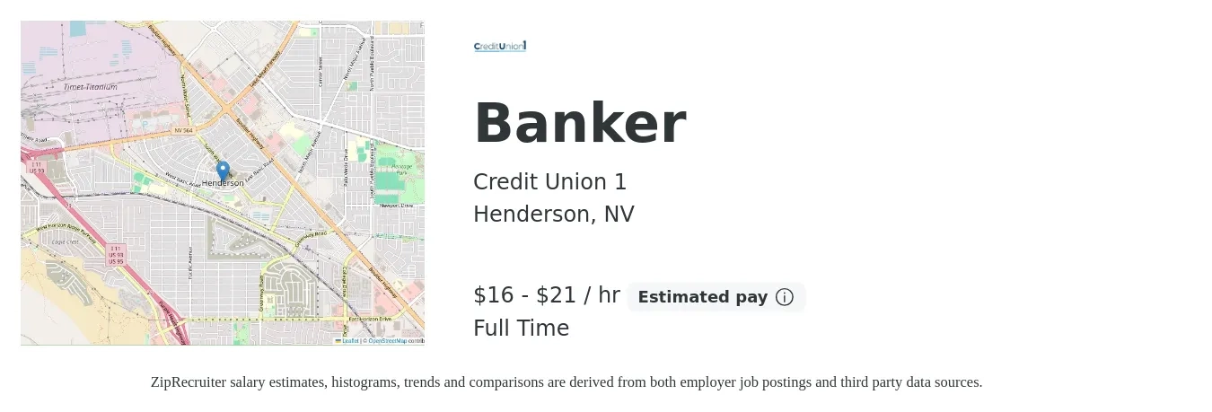 Credit Union 1 job posting for a Banker in Henderson, NV with a salary of $18 to $22 Hourly with a map of Henderson location.