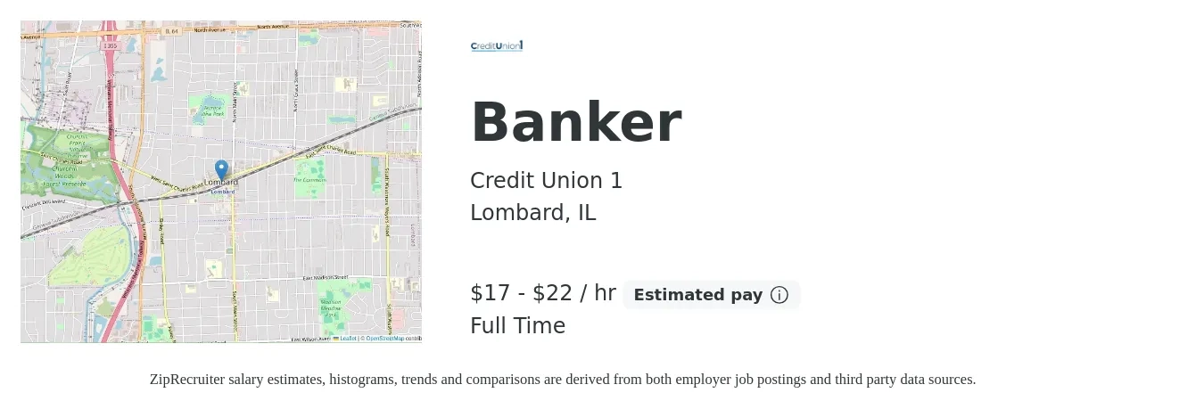Credit Union 1 job posting for a Banker in Lombard, IL with a salary of $18 to $23 Hourly with a map of Lombard location.