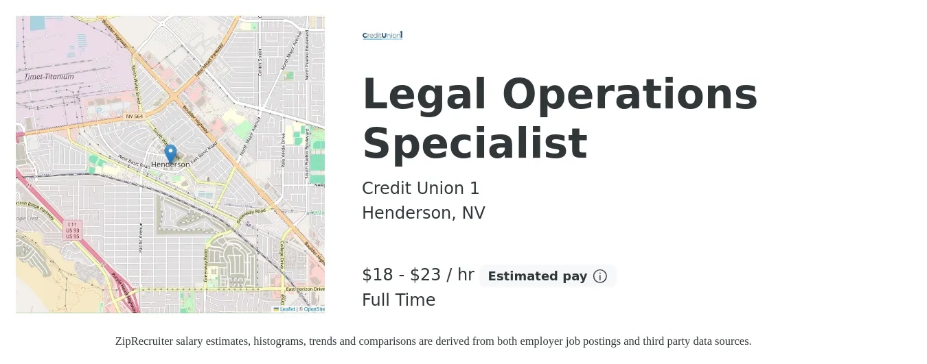 Credit Union 1 job posting for a Legal Operations Specialist in Henderson, NV with a salary of $20 to $24 Hourly with a map of Henderson location.