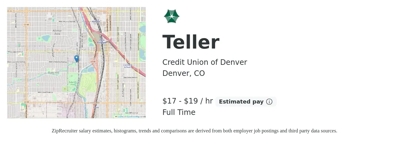 Credit Union of Denver job posting for a Teller in Denver, CO with a salary of $18 to $20 Hourly with a map of Denver location.