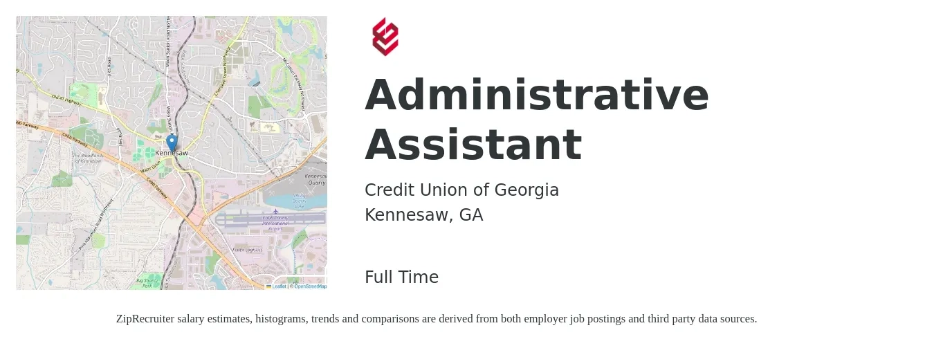 Credit Union of Georgia job posting for a Administrative Assistant in Kennesaw, GA with a salary of $17 to $22 Hourly and benefits including retirement, vision, dental, life_insurance, medical, and pto with a map of Kennesaw location.