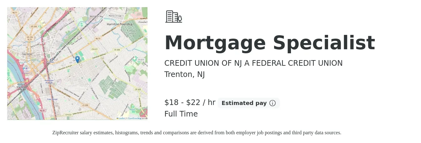 CREDIT UNION OF NJ A FEDERAL CREDIT UNION job posting for a Mortgage Specialist in Trenton, NJ with a salary of $19 to $23 Hourly with a map of Trenton location.