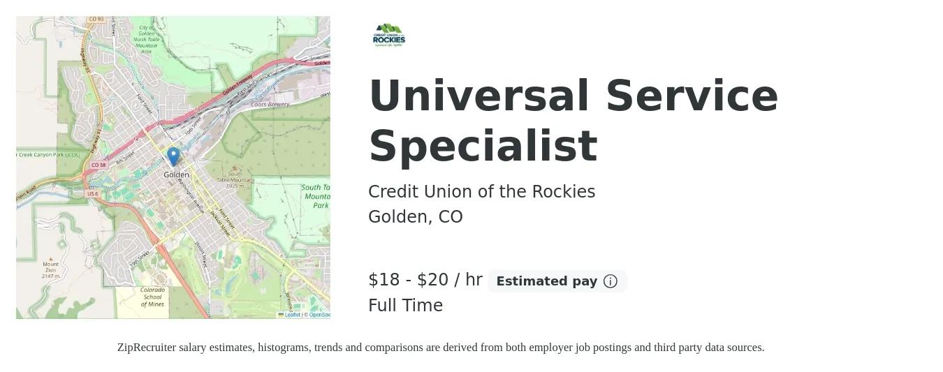 Credit Union of the Rockies job posting for a Universal Service Specialist in Golden, CO with a salary of $19 to $21 Hourly with a map of Golden location.