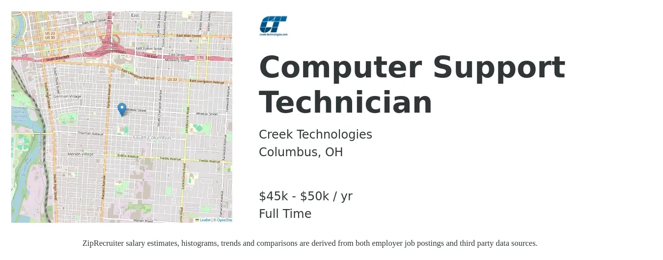 Creek Technologies job posting for a Computer Support Technician in Columbus, OH with a salary of $40,000 to $45,000 Yearly and benefits including dental, life_insurance, medical, pto, retirement, and vision with a map of Columbus location.