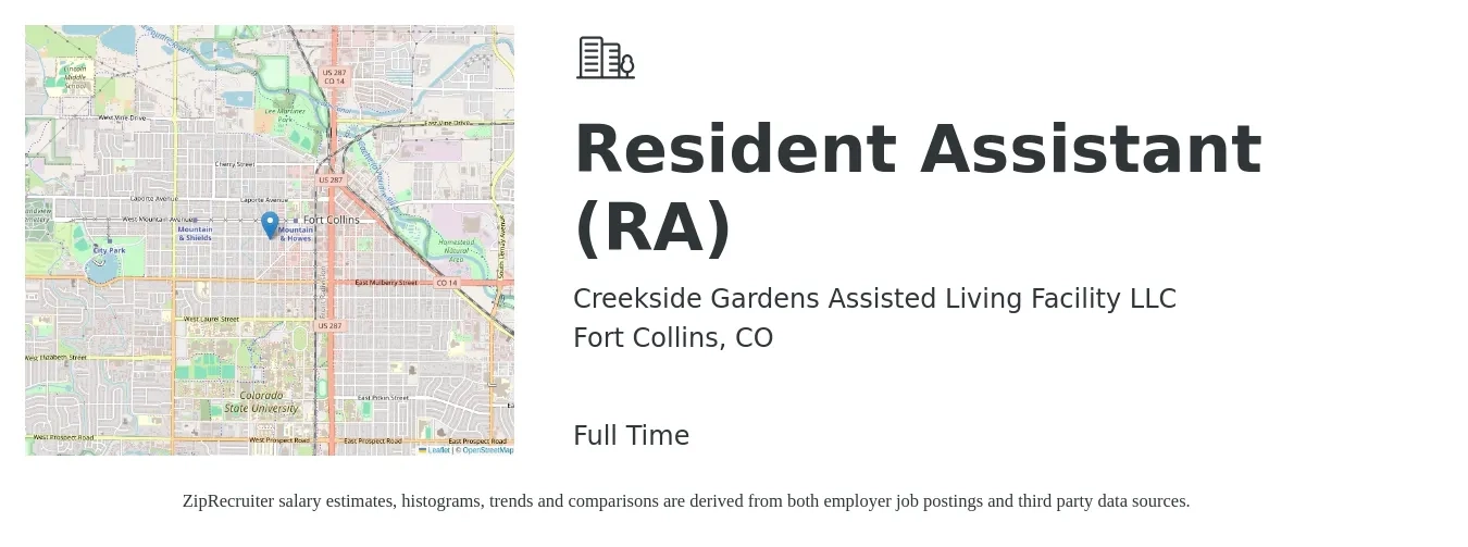 Creekside Gardens Assisted Living Facility LLC job posting for a Resident Assistant (RA) in Fort Collins, CO with a salary of $16 to $18 Hourly with a map of Fort Collins location.