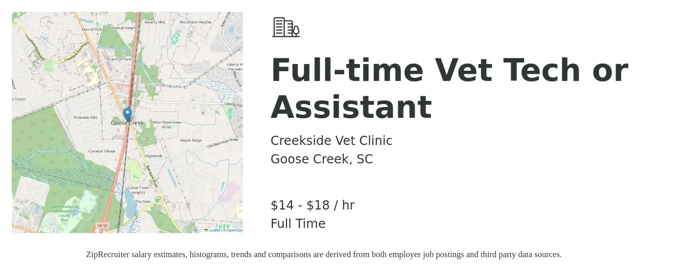 Creekside Vet Clinic job posting for a Full-time Vet Tech or Assistant in Goose Creek, SC with a salary of $15 to $19 Hourly with a map of Goose Creek location.