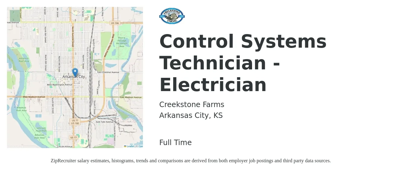 Creekstone Farms job posting for a Control Systems Technician - Electrician in Arkansas City, KS with a salary of $16 to $26 Hourly with a map of Arkansas City location.