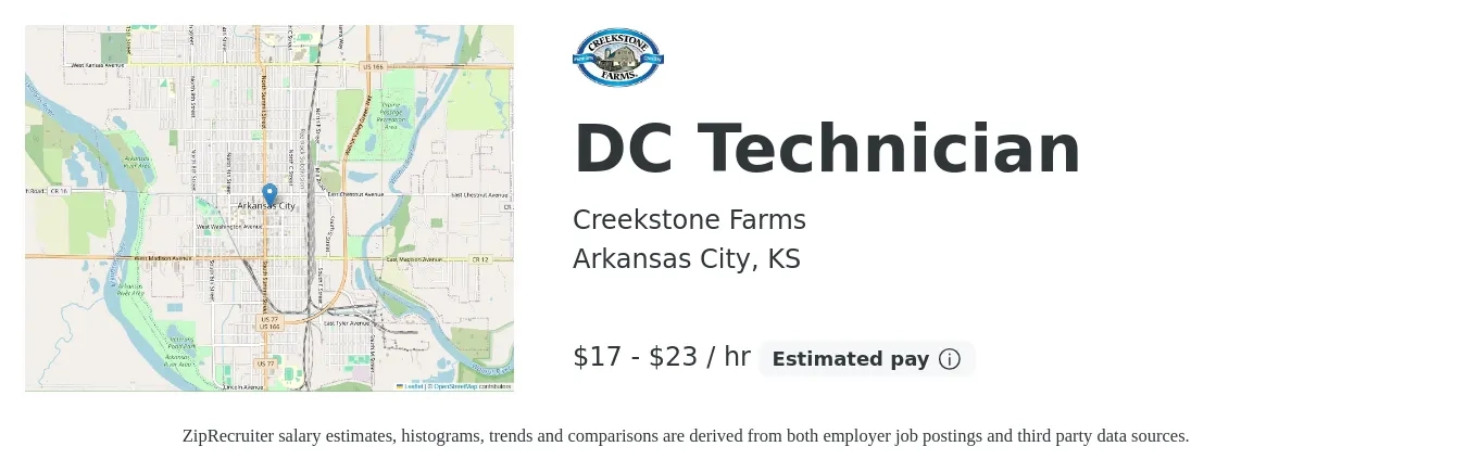 Creekstone Farms job posting for a DC Technician in Arkansas City, KS with a salary of $18 to $24 Hourly with a map of Arkansas City location.