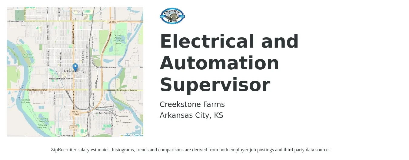 Creekstone Farms job posting for a Electrical and Automation Supervisor in Arkansas City, KS with a salary of $75,900 to $115,300 Yearly with a map of Arkansas City location.