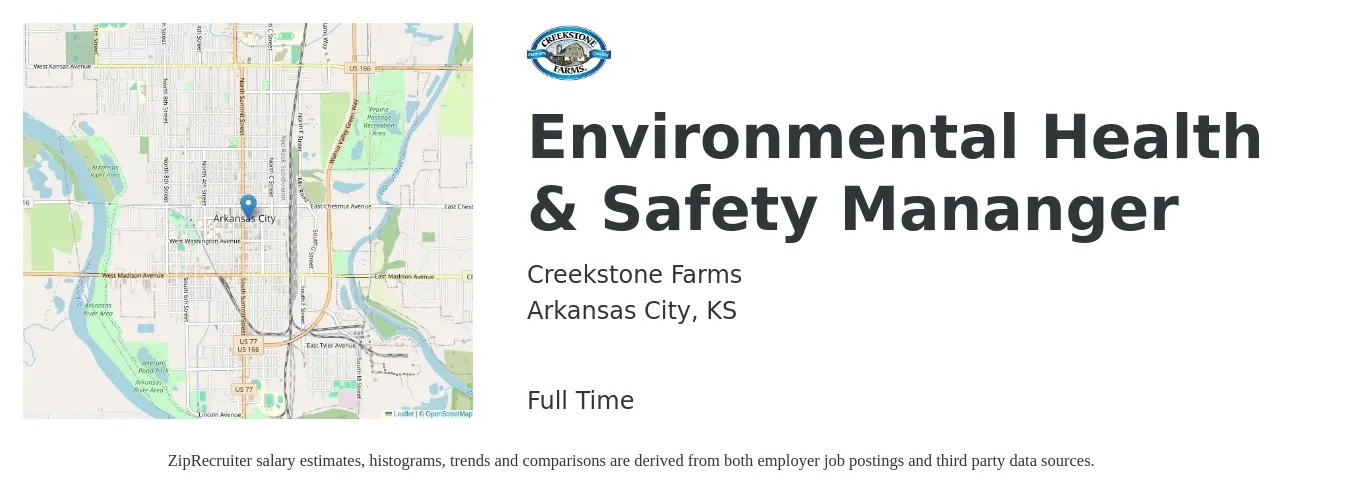 Creekstone Farms job posting for a Environmental Health & Safety Mananger in Arkansas City, KS with a salary of $68,800 to $93,300 Yearly with a map of Arkansas City location.