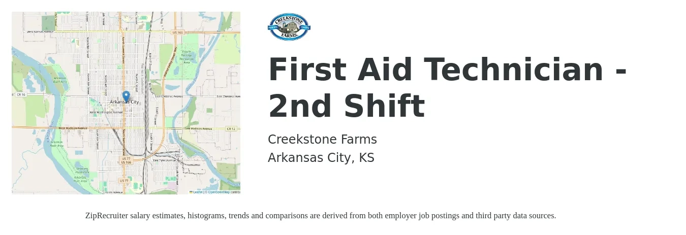 Creekstone Farms job posting for a First Aid Technician - 2nd Shift in Arkansas City, KS with a salary of $31,500 to $40,600 Yearly with a map of Arkansas City location.