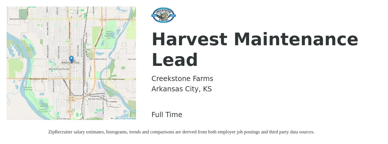 Creekstone Farms job posting for a Harvest Maintenance Lead in Arkansas City, KS with a salary of $20 to $33 Hourly with a map of Arkansas City location.