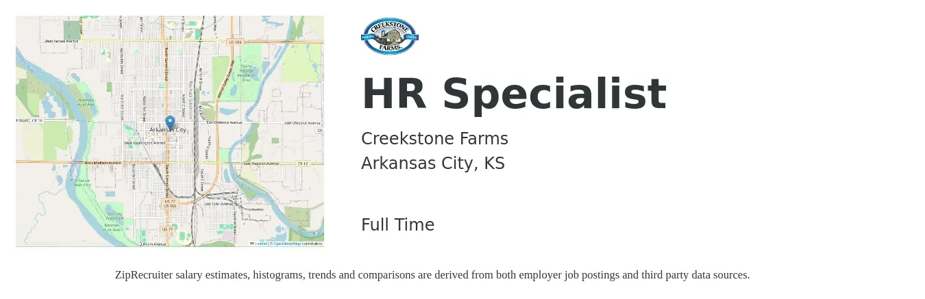 Creekstone Farms job posting for a HR Specialist in Arkansas City, KS with a salary of $39,000 to $81,700 Yearly with a map of Arkansas City location.