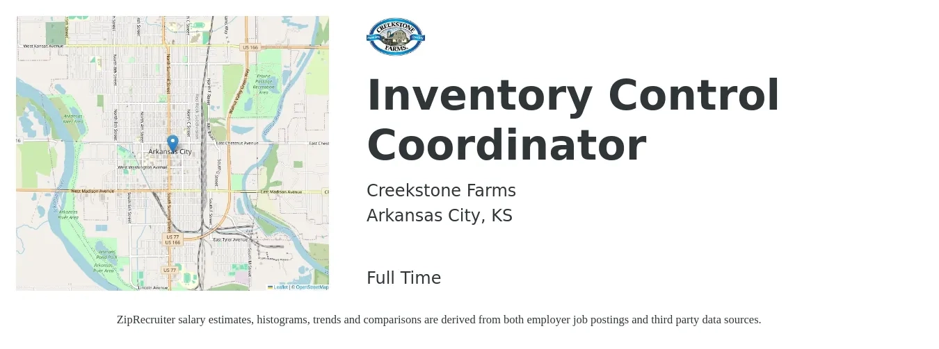 Creekstone Farms job posting for a Inventory Control Coordinator in Arkansas City, KS with a salary of $16 to $20 Hourly with a map of Arkansas City location.