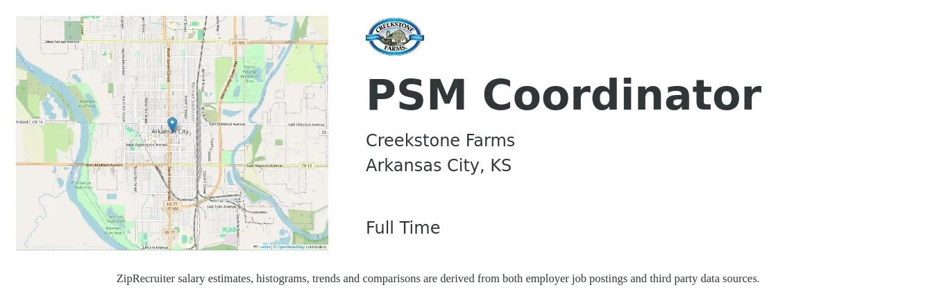 Creekstone Farms job posting for a PSM Coordinator in Arkansas City, KS with a salary of $21 to $31 Hourly with a map of Arkansas City location.