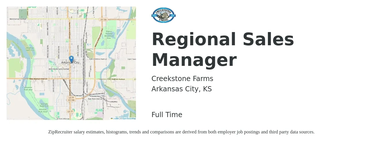 Creekstone Farms job posting for a Regional Sales Manager in Arkansas City, KS with a salary of $59,700 to $93,300 Yearly with a map of Arkansas City location.