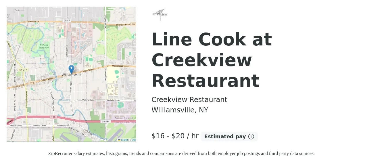 Creekview Restaurant job posting for a Line Cook at Creekview Restaurant in Williamsville, NY with a salary of $17 to $21 Hourly with a map of Williamsville location.