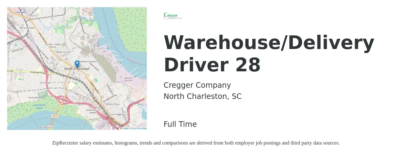 Cregger Company job posting for a Warehouse/Delivery Driver 28 in North Charleston, SC with a salary of $17 to $18 Hourly with a map of North Charleston location.