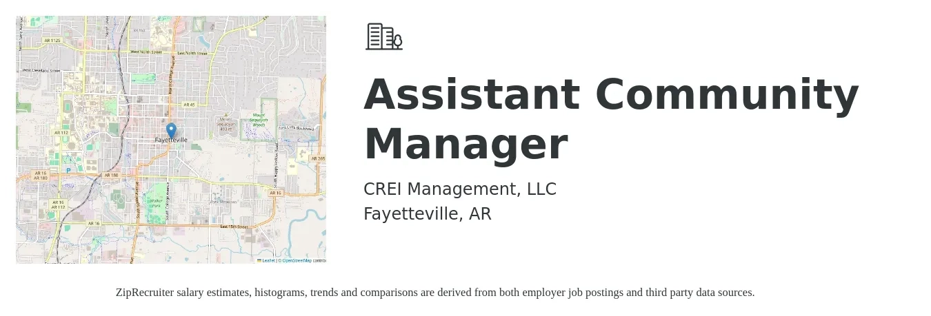 CREI Management, LLC job posting for a Assistant Community Manager in Fayetteville, AR with a salary of $18 to $22 Hourly with a map of Fayetteville location.