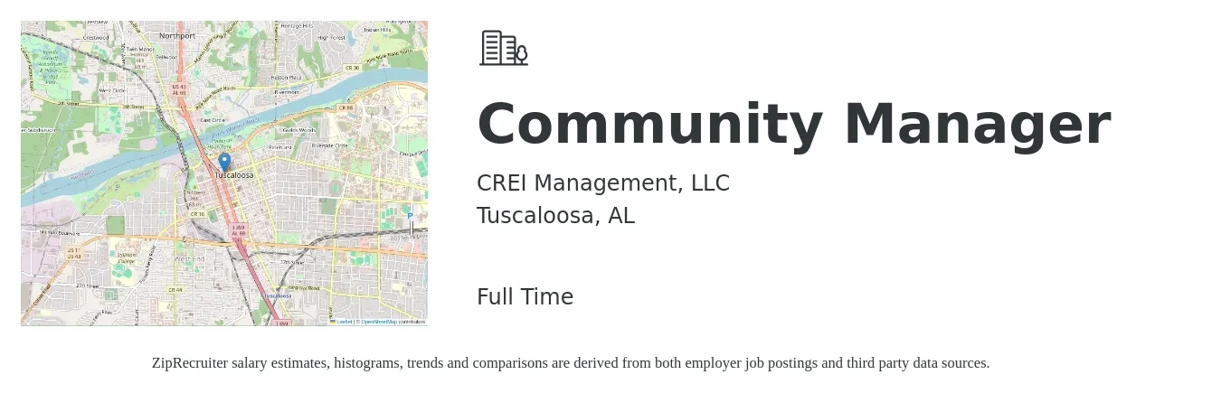 CREI Management, LLC job posting for a Community Manager in Tuscaloosa, AL with a salary of $41,600 to $59,300 Yearly with a map of Tuscaloosa location.