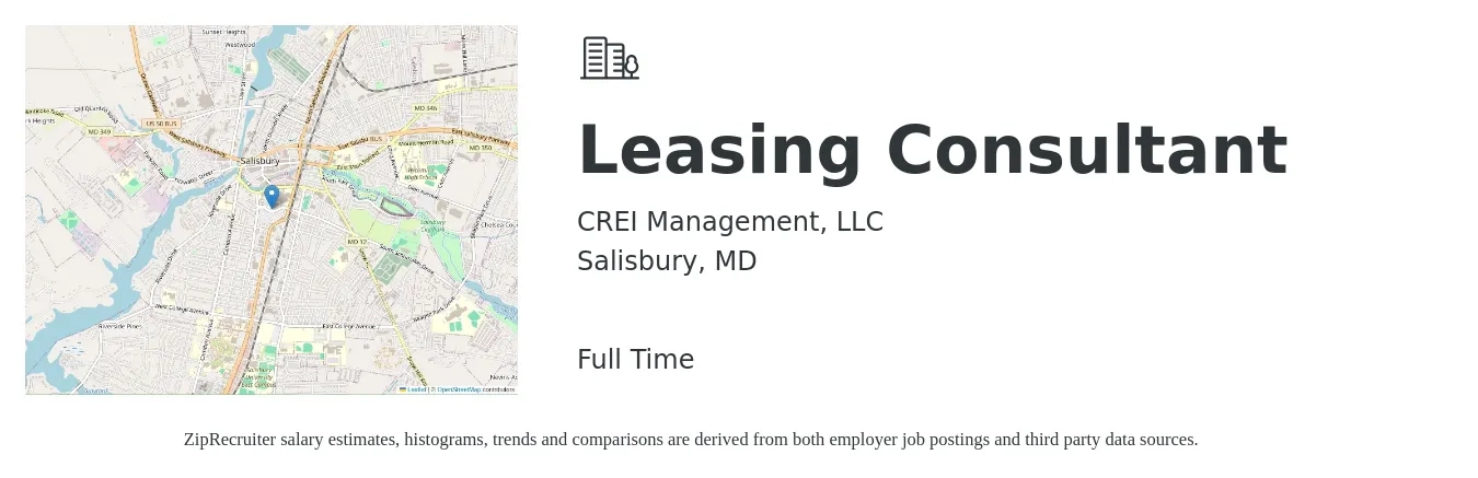 CREI Management, LLC job posting for a Leasing Consultant in Salisbury, MD with a salary of $15 to $18 Hourly with a map of Salisbury location.